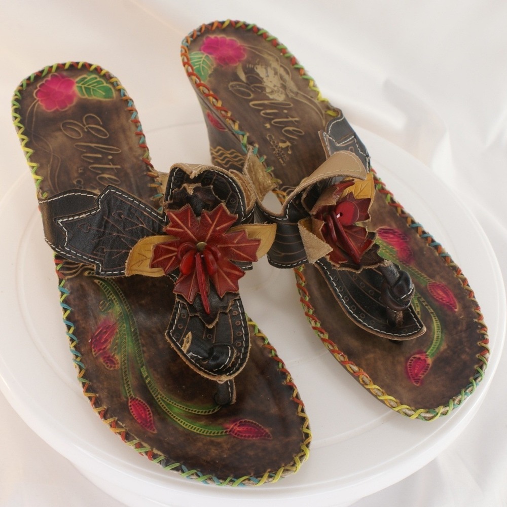 Elite by Corkys Jackson Brown Leather Floral Wedge Sandals Womens 7 Boho Thong